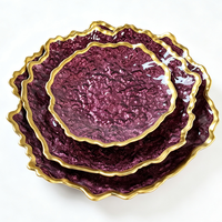 Assiettes en verre violet à bord doré, lot de 3 pièces, 16 cm, 22 cm, 24,5 cm, vaisselle de luxe pour mariage, banquet, hôtel, vaisselle personnalisée, assiettes de luxe