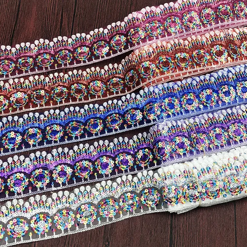 DIY Clothing Accessories Patchwork 5cm Wide Polyester Embroidery Colorful Sequins Ripple Lace Ribbon Trims