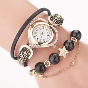 Multi colores de lujo Casual vestidos pulsera reloj estrella corazón perla colgante lujo señoras cuero muñeca reloj de cuarzo para mujer