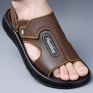 Sandales décontractées d'été pour hommes en cuir véritable à bride en T, motif uni, doublure textile, bout ouvert, semelle extérieure en caoutchouc antidérapante - Product Image 1