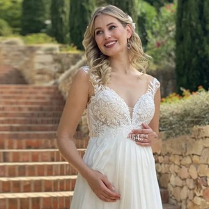 <span class=keywords><strong>Vestido</strong></span> <span class=keywords><strong>de</strong></span> novia <span class=keywords><strong>para</strong></span> <span class=keywords><strong>mujer</strong></span> <span class=keywords><strong>embarazada</strong></span>, <span class=keywords><strong>vestido</strong></span> <span class=keywords><strong>de</strong></span> novia <span class=keywords><strong>de</strong></span> encaje, falda <span class=keywords><strong>de</strong></span> novia, sin mangas, escote en V profundo, tren elegante, blanco marfil - Product Image 3