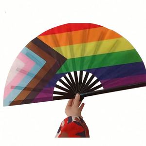 Large Folding Bamboo <b>Hand</b> <b>Fan</b> with Rainbow Design Gay Pride Folding Clack <b>Fan</b> for Music Festivals - Product Image 1