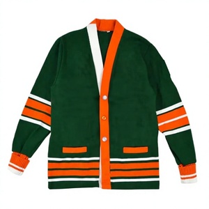 Cardigan vert à rayures orange en molleton de coton tricoté pour hommes et femmes, col en V, manches longues, coupe décontractée - Product Image 1