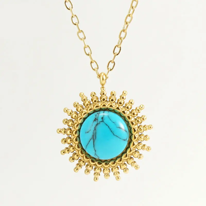 18k Gold Jewelry Stainless Steel Sunflower Turquoise Natural Stone Pendant Necklace For Women