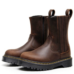 Bottes en cuir véritable noir, bout rond, talon plat, fermeture élastique, semelle extérieure en caoutchouc antidérapante, toutes saisons, vente en gros - Product Image 5
