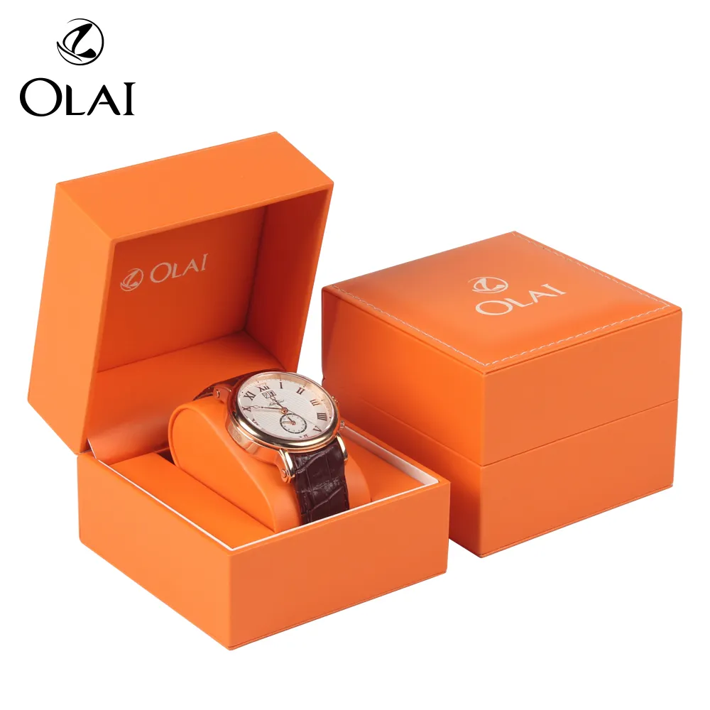 फैशन नारंगी रंग प्लास्टिक Pu चमड़े के घड़ी बॉक्स तकिया अच्छी डिजाइन लक्जरी घड़ी उपहार पैकेजिंग केस