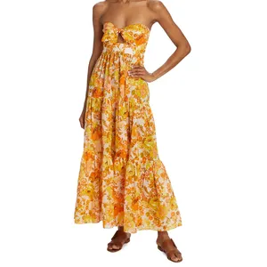 Ladies Summer Vacation Hot Strapless Sweetheart Neck Casual Vestidos Charming Floral Fit E Flare Cut Out Vestido Midi Para As Mulheres