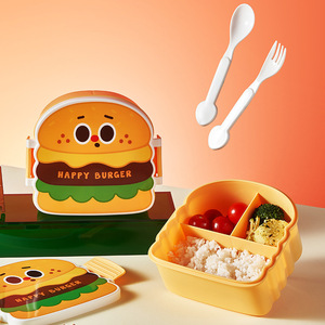 可愛いクリエイティブバーガー子供用ランチボックススプーンフォーク弁当箱電子レンジ対応安全な学生用プラスチックPpランチボックス - Product Image 2