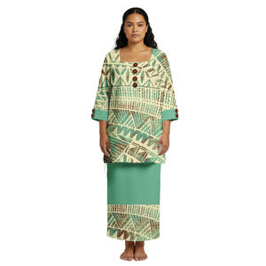 Gaun Wanita Ukuran Besar Plumeria Custom Tonga Samoa Gaun Panjang Atasan dan Rok Set Dua Potong Elei Tribal Buttons Puletasi Dress - Product Image 3