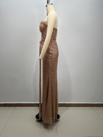 Robe de soirée cocktail haute couture ED2851 Trade Champagne-Gold à sequins, sans bretelles, longue jusqu'au sol, pour femmes.