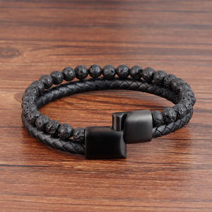 Nieuwe Ontwerp Mannen Lava Steen Spirituele Bescherming Balans Meditatie Armband Roestvrij Staal Lederen Overdrukventiel Armband - Product Image 6
