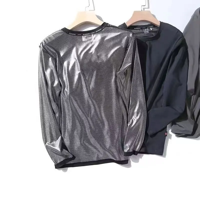 Высококачественные футболки с чистым серебряным покрытием, одежда для фитнеса, Повседневная футболка с круглым вырезом и длинными рукавами для мужчин