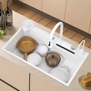 2023 Tiktok Popular Large Single Slot Multifunction Sink Anti-scratch Waterfall Kitchen Sink 26 Inch White Modern Brushed SUS304