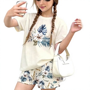 Beige Girls Casual 2Pcs Set Short Sleeve T-Shirt Print Solid Color <b>Elastic</b> Waist Shorts Comfortable Pajamas Summer Outfit - Product Image 2