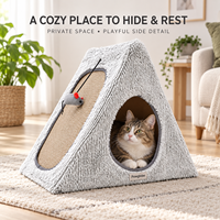 Dreieckiges Katzen-Kratzhaus Plüsch-Versteckbett mit Großem Eingang Seitenkratzmatte und Spielzeugmaus für Kätzchen