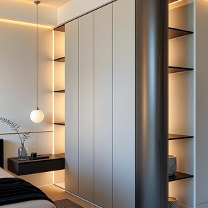 Minimalist Wood Eco-Friendly Bedroom <b>Wardrobe</b> Curved Edges Open <b>Shelving</b> Decorative LED Strip Lighting - Product Image 2