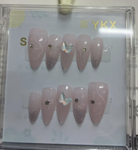 Unghie finte rosa a forma di farfalla, lunghezza media, con strass acrilici, 10 pezzi per nail art. - Product Image 3