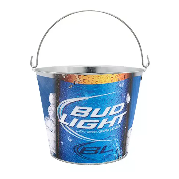 ถังเบียร์แบบเต็มรูปแบบแบบรวดเร็วและกําหนดเอง 5QT Bud Light ถังน้ําแข็งโลหะคอนเทนเนอร์สําหรับเครื่องดื่มไวน์