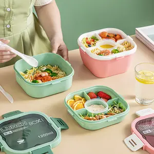 Boîte à bento portable pour étudiants, conteneur alimentaire pour micro-ondes, double couche, compartiments en plastique scellés, boîte à déjeuner avec couteau à fourchette