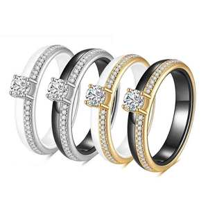 Women's <b>Ceramic</b> <b>Ring</b> 4mm Round Zircon Prong Setting Engagement Jewelry Steel White Black Gold Color - Product Image 1
