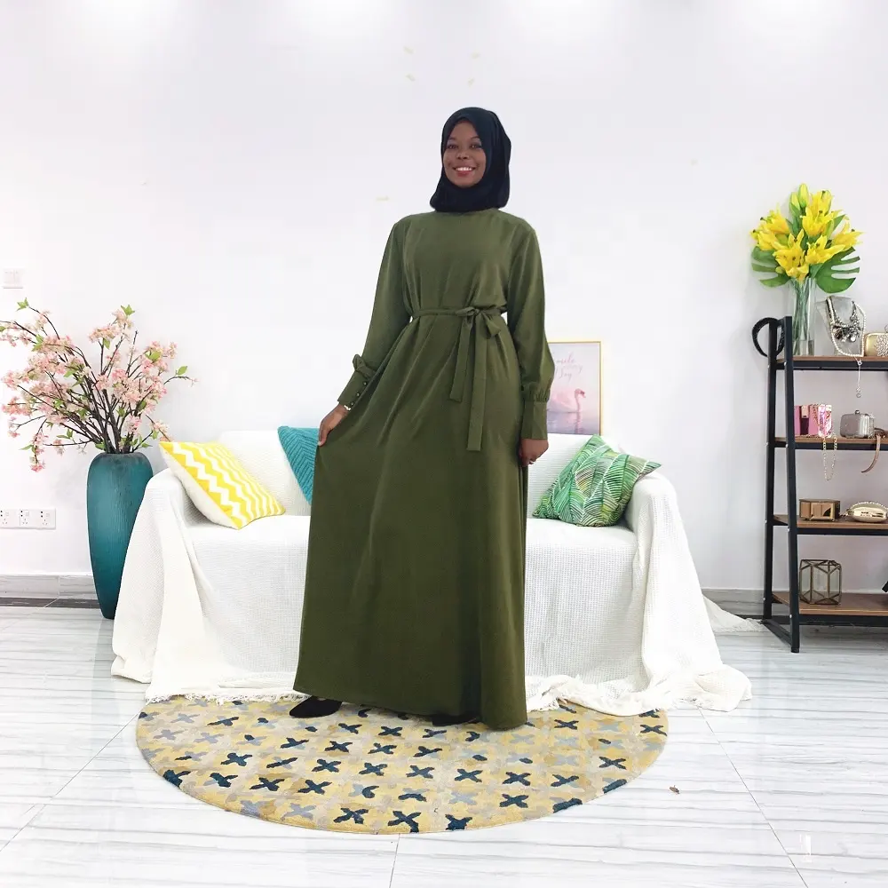 Polyester Jurk Moslim Vrouwen Abaya Islamitische Kleding Groothandel Legergroen Volwassenen Ondersteuning Saree / Sari / Shari In-Voorraad items Alla
