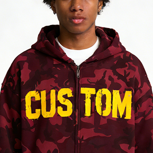 Felpe con Cappuccio da Uomo 400 Gsm Stile Hip Hop, Stampa Mimetica Rosso Scuro, Design Oversize Streetwear con Ricami, Felpe Pesanti - Product Image 1