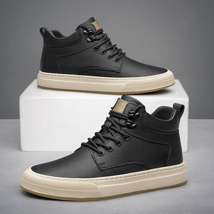 Autumn Trendy Cowhide Leather Mid-Top Men's Sneakers 8cm Breathable Height-Increasing <b>Shoes</b> British Style Casual Sports Sneakers - Product Image 4