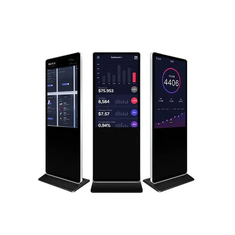 Stan layar sentuh totem digital vertikal berdiri bebas ultra tipis lcd penghitung tampilan video android dalam ruangan 55 inci