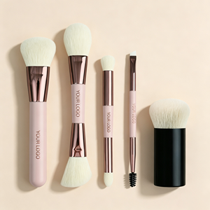 Ensemble de 11 pinceaux de maquillage à double extrémité rose avec virole dorée café, poils synthétiques doux, pinceaux cosmétiques - Product Image 1
