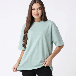 Camiseta Extra Grande de Cuello Redondo para Mujer, Color Verde Menta Sólido, 100% Algodón, Corte Holgado, Manga Corta, Largo Regular, Tejido Jersey Transpirable - Product Image 1
