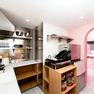 Tienda de Té y Helados de Estilo Dulce y Femenino con Vitrina Abierta, Estantes Rosados Escalonados e Iluminación LED Integrada - Product Image 6