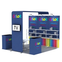 Stand d'exposition modulaire léger 10x10 pour salons professionnels, avec structure en tube d'aluminium et étagère en tissu tendu, idéal pour les événements