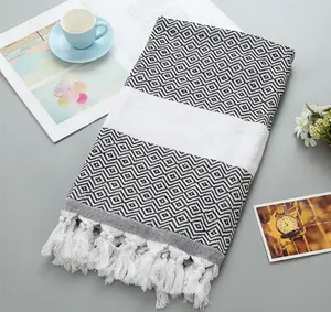 Oversize Turkish Quick-dry 100x180cm Strip Sand Free Linen Beach Towel with Tassel