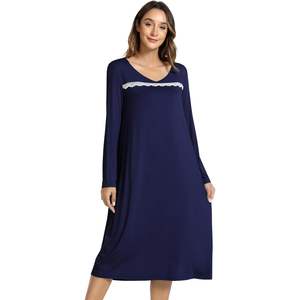 Camisón de Manga Larga Personalizado para Mujer, Cuello en V, Satén, Vestido de Dormir Suave de Bambú y Viscosa, Ropa de Dormir Cómoda - Product Image 1