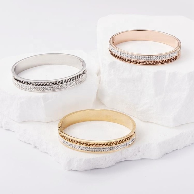 Wholesale Custom 18K Gold Plated Stainless Steel Bangle Bracelets with Pvd Cubic Zirconia Zircon Bracelets
