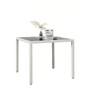 White Poly Rattan Garden Dining <b>Table</b> 35.4 X 35.4 X 29.5 In Tempered Glass Top Outdoor Furniture - Product Image 1