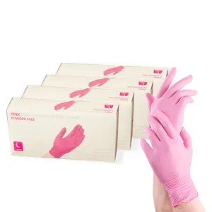 热卖美甲手套一次性纯丁腈手套发廊防水防滑粉色一次性手套手工贴合