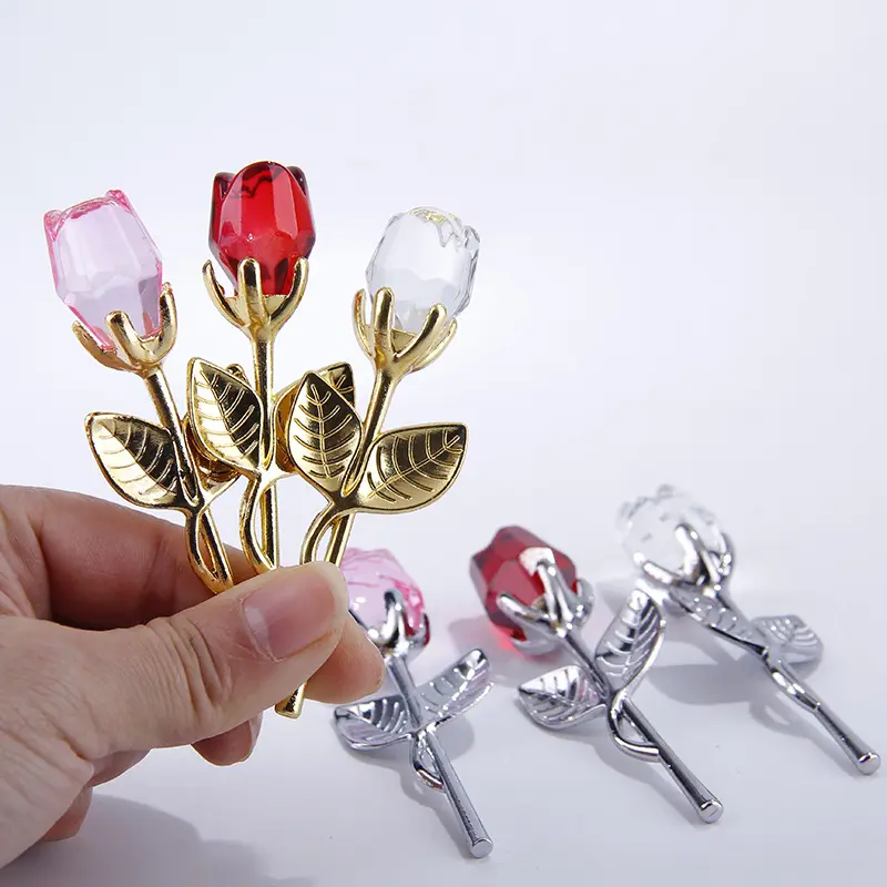 Mini flores artificiais de cristal para casamento, rosa com haste de metal para presente de dia dos namorados e de festa