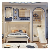 Lit mezzanine multifonctionnel JS moderne en bois massif, confortable et écologique pour enfants, avec bureau, toboggan, rangement gain de place et escalier-armoire