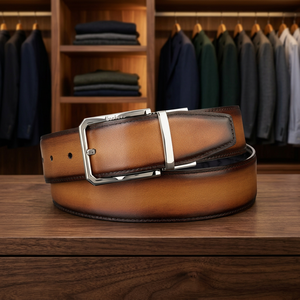 Ceinture formelle vintage pour homme en cuir de vachette véritable avec boucle ardillon en acier motif crâne, impression par transfert thermique, écologique et imperméable - Product Image 1