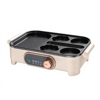 Grill électrique 5-en-1 avec plaque de cuisson 800W, thermostat réglable, zones de cuisson antiadhésives, friteuse à œufs, barbecue domestique