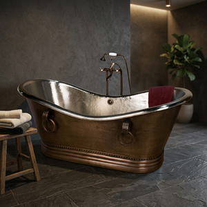 Baignoire autoportante en cuivre finition antique, ovale, type slipper tub, en métal, pour salle de bain - Indian Home Crafts - Product Image 3