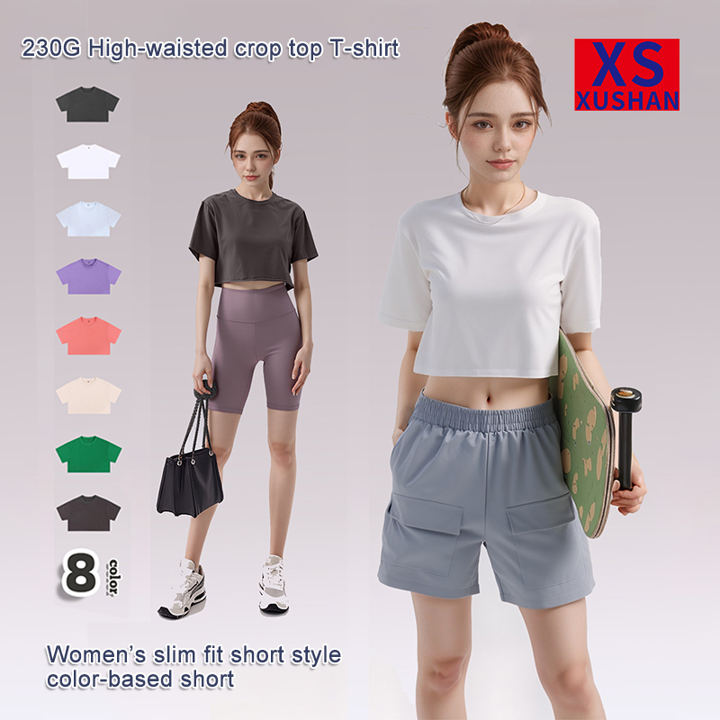 Women's High-Waisted Breathable Cute Crop Top T-Shirt 210g Pure Cotton Loose Short-Sleeved Sport Top Yoga Fitness Versatile