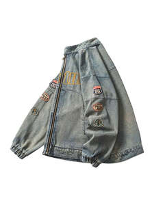 Chaqueta vaquera para hombre, lavada a la piedra, manga larga, cuello alto, cremallera, bordado con letras, ajuste holgado, transpirable, para todas las estaciones - Product Image 3