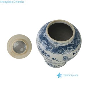 RYKB177-C Vaso Decorativo Chinoiserie con Finitura Invecchiata, Motivo Cinese Blu e Bianco con Dragone e Fenice - Product Image 5