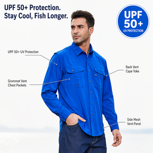 Chemise <span class=keywords><strong>de</strong></span> pêche pour homme avec protection solaire UPF50+, ventilation 4 directions, manches longues, logo personnalisé OEM - Product Image 4