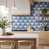 Mural Mosaik Kaca Daun Biru Kustom, Seni Dinding Dekoratif untuk Dapur, Hotel, Vila, Spa, Dinding Latar Belakang