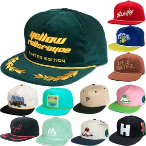 5 Panel Vintage Flat Bill Green Unstructured Corduroy Rope 3d Embroidery Logo Snapback Hat Hats Caps Wholesale Cap