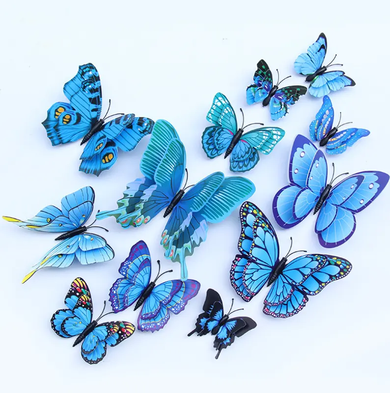 Ev dekorasyon parti 3d çift kanat mavi kelebek çıkartmaları