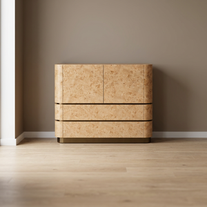 Aparador Moderno Nara de Madera Maciza de Mindi con Chapa de Madera Mappa y Cubierta de Piedra Calacata Brillante para Sala de Estar y Hotel de Lujo - Product Image 6